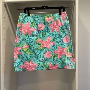 Vintage Lilly Pulitzer printed skirt with pinks, turquoise, teal and green.
